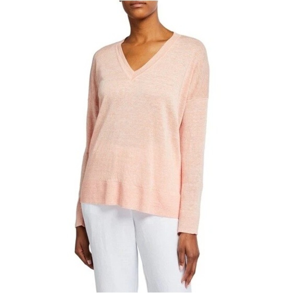 Eileen Fisher 100% Organic Linen Relaxed Fit Knit Top Women M Peach Pink Coastal